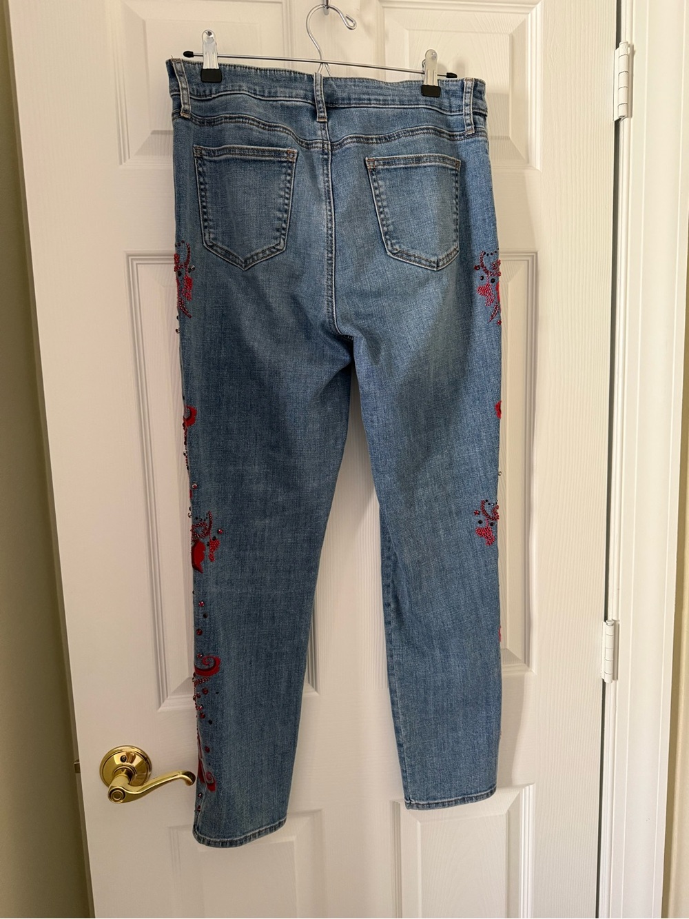 Chico's Light Blue Straight-Leg Jeans with Red Floral Embroidery - Picture 2 of 6